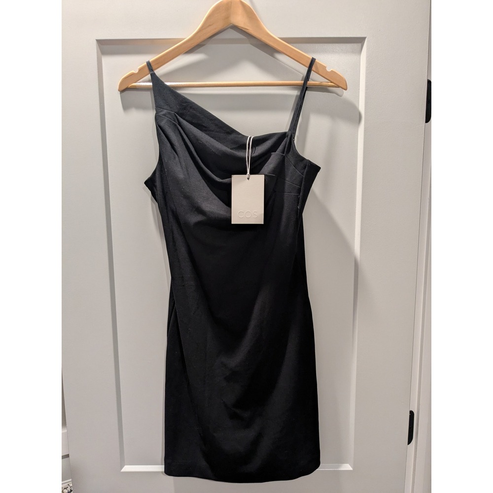 NWT $135 COS Black Sleeveless One Shoulder Mini Dress - Ruched Detail - Size S